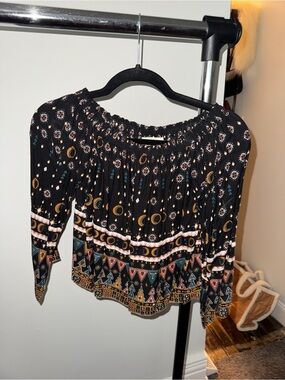 Cleobella Black Boho Off-Shoulder Top with Gold & Teal Accents